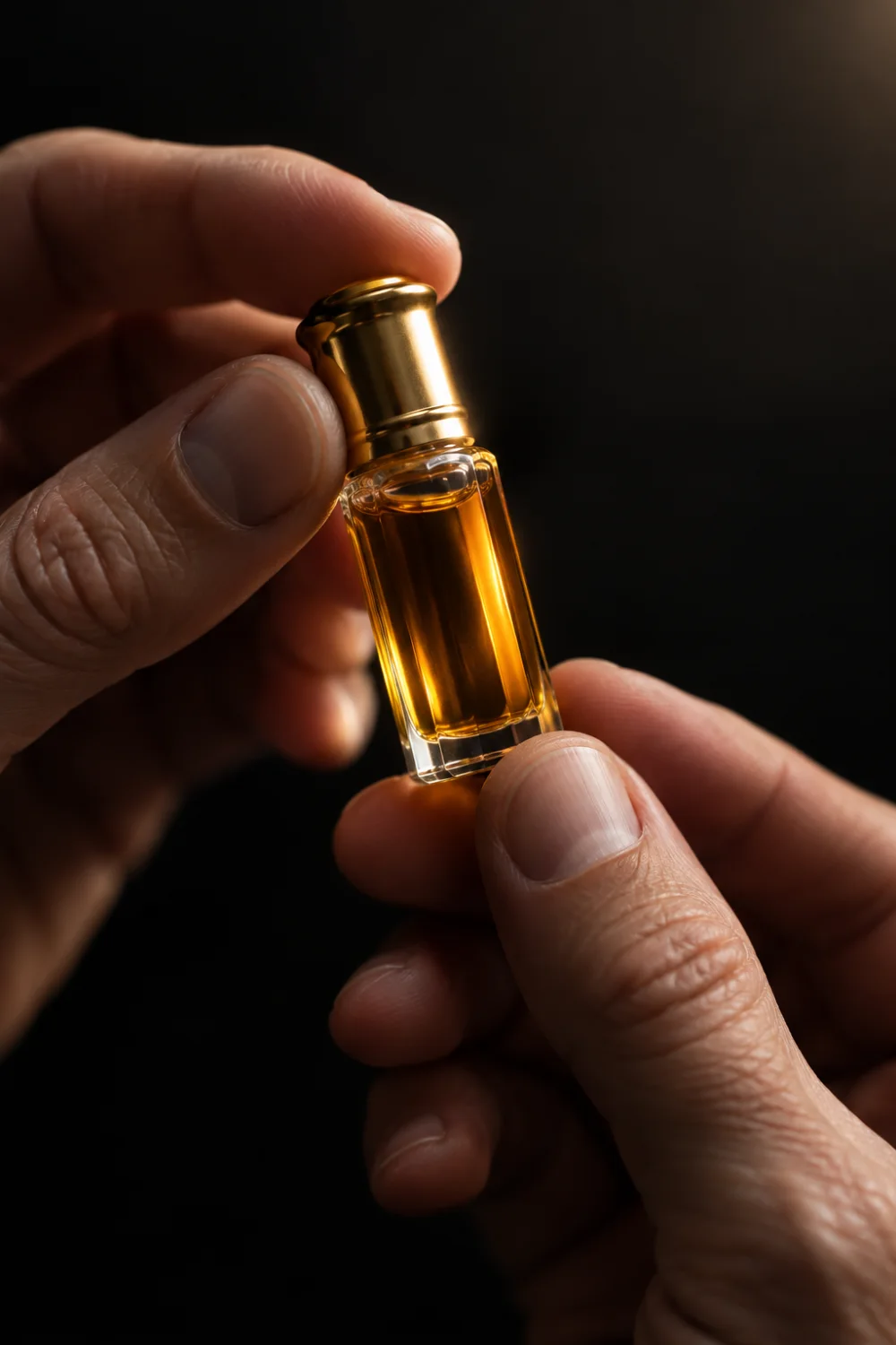 A vial of amber oil held to the light