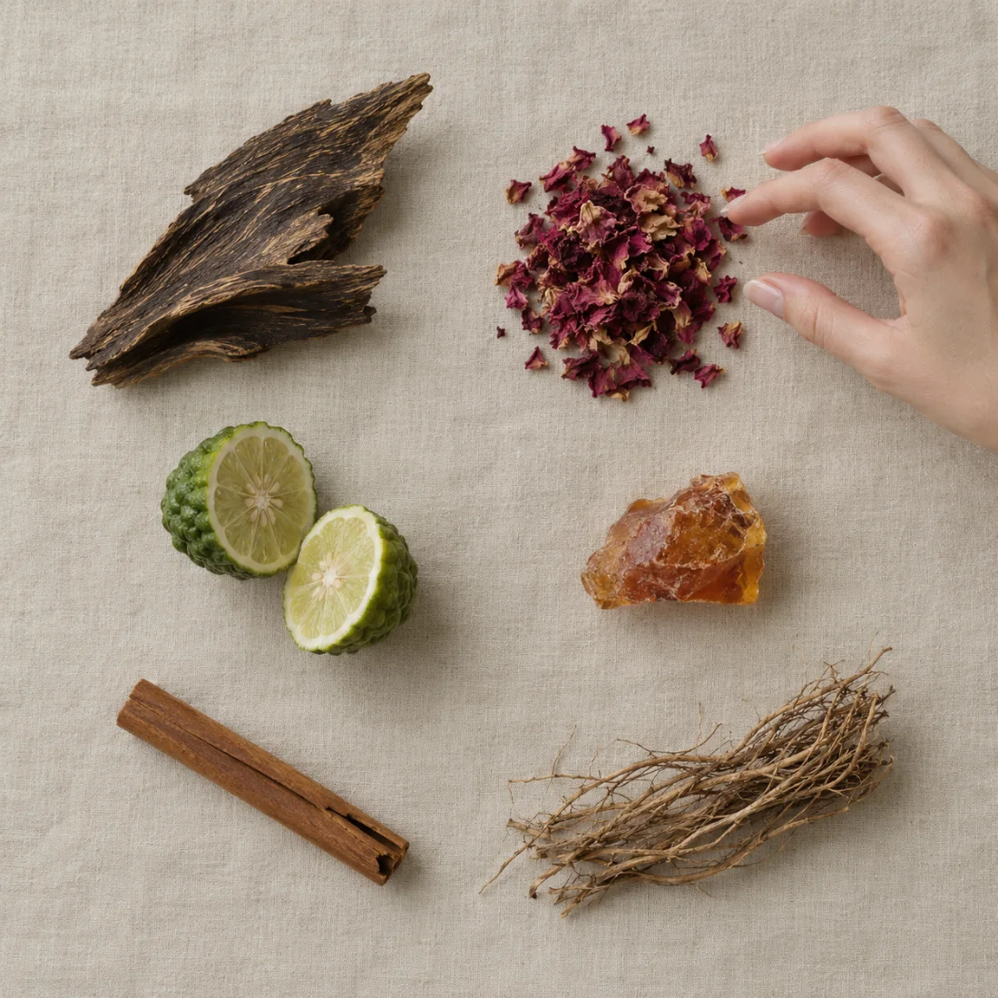 Oud wood, dried rose, bergamot, amber resin, cinnamon and vetiver root laid out on linen