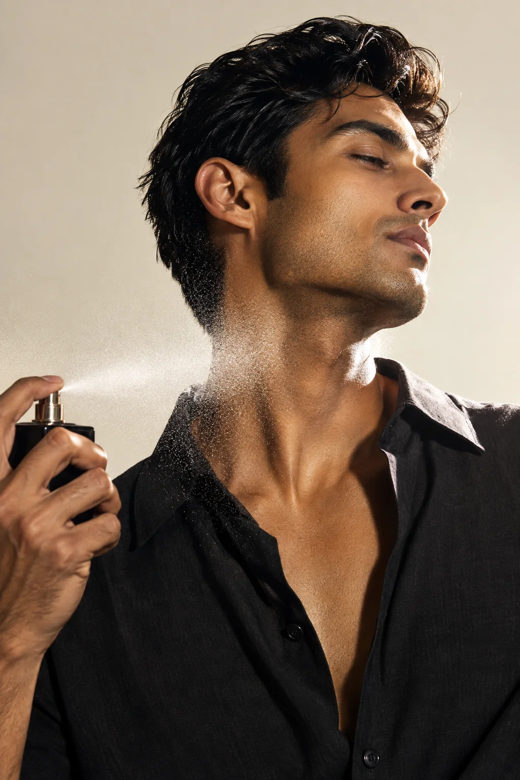 A man applying fragrance to his neck, the mist caught in the light